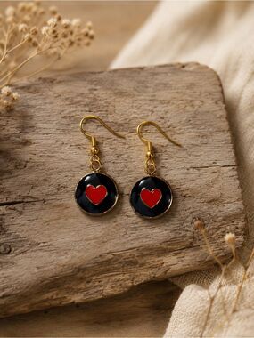 Heart Black & Red Enamel‎ Dangle Earrings